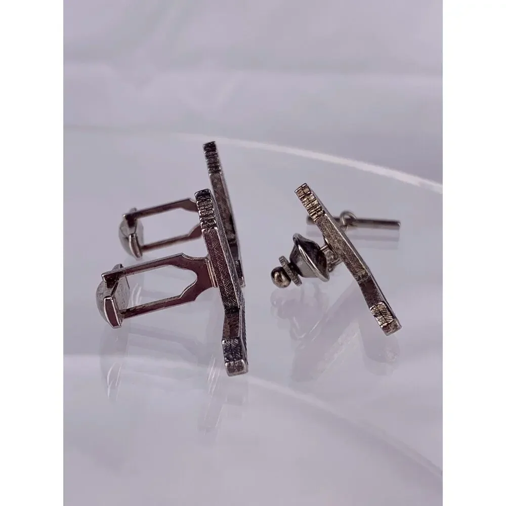 Architecture Office Building Silver Tone Cufflinks & Tie Pin Tower Vintage K1
